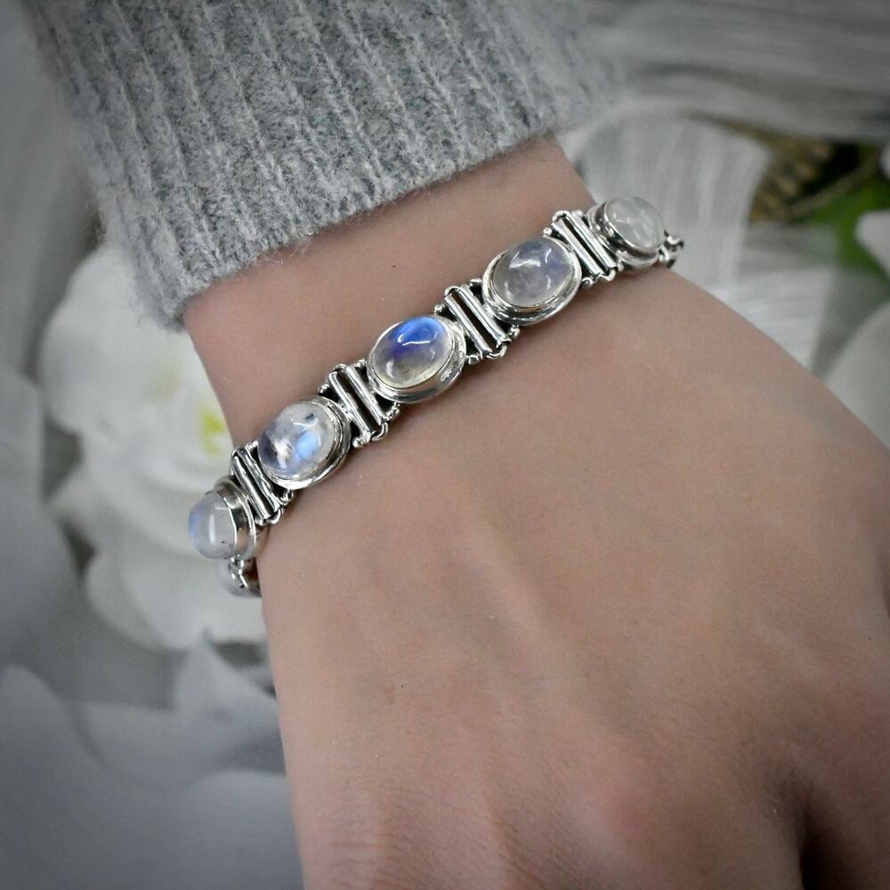 Vintage Sterling Silver 925 Moonstone Cabochon Link Bracelet 6.5" 20g